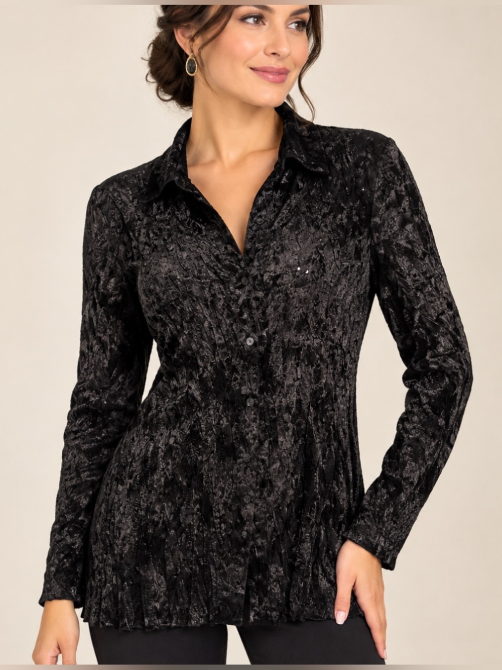 Chicos Dark Brown Satin Sequins Textured Button Down Shirt Blouse 2